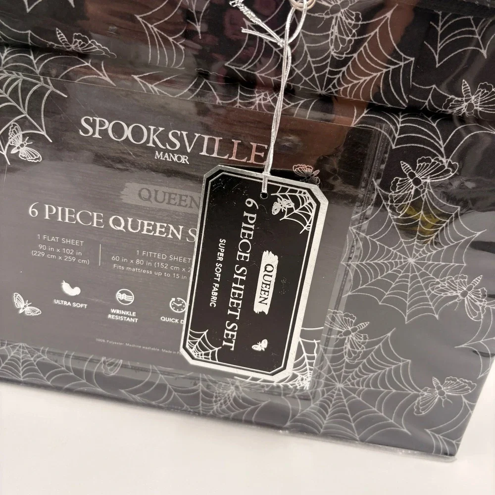 Spooksville Manor Queen Sheet Set 6 Piece Spiderweb Moth Gothic Black White NEW